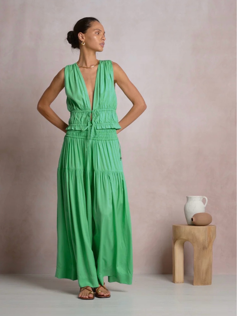 Elan Riri Sleeveless Green Top & Matching Tiered Maxi Skirt Set.